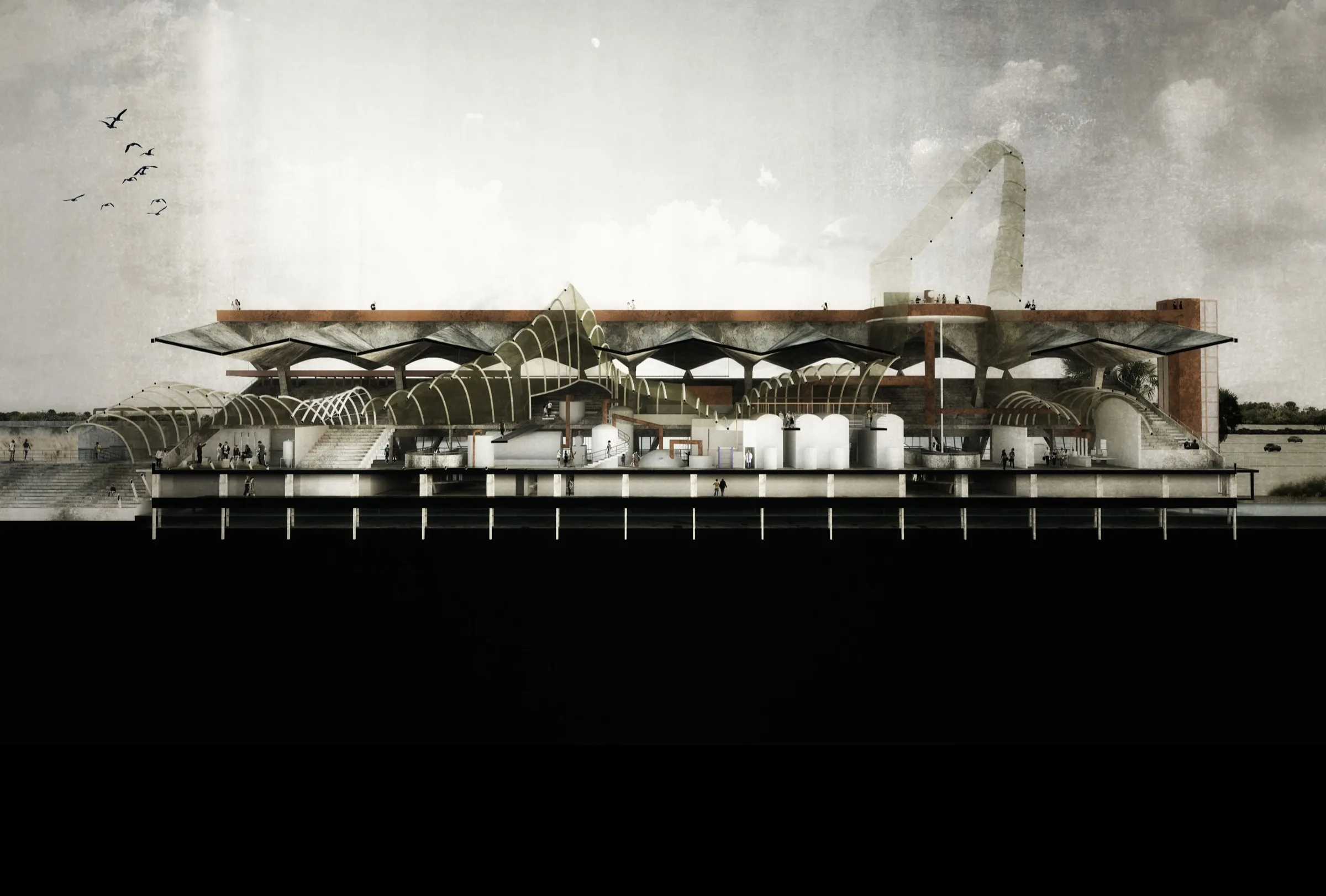 Sectional visualisation of a waterside canopy structure